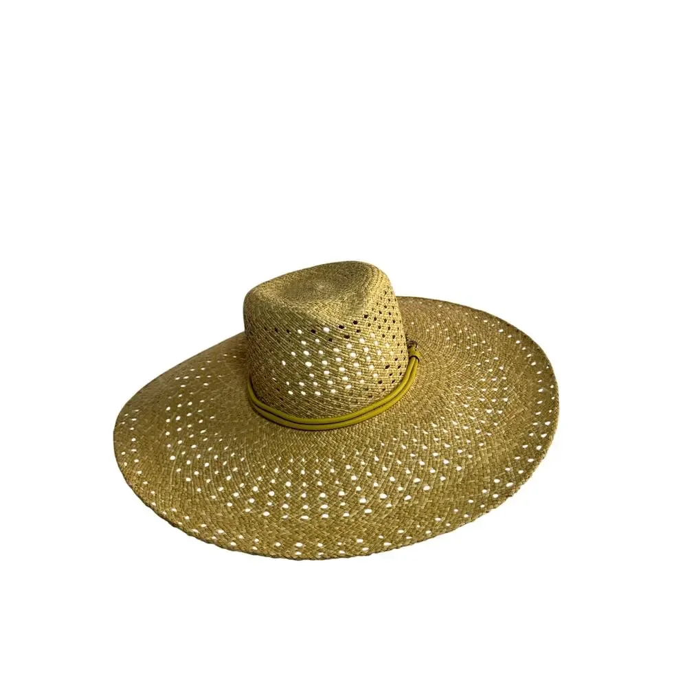 Coach Natural Straw Wide Brim Floppy Sun Hat Yellow Leather Trim One Size NWT - Picture 4 of 11
